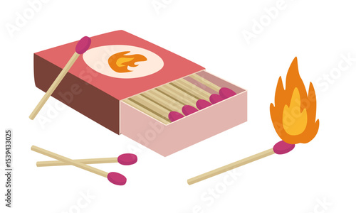 Matches and matchbox vector. Burning match clipart. Fire source. Flat vector in cartoon style.