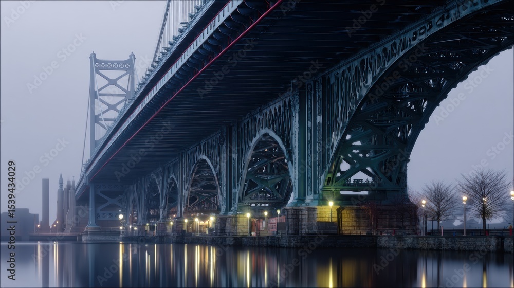 Naklejka premium Misty morning view of a massive steel bridge over a calm waterway