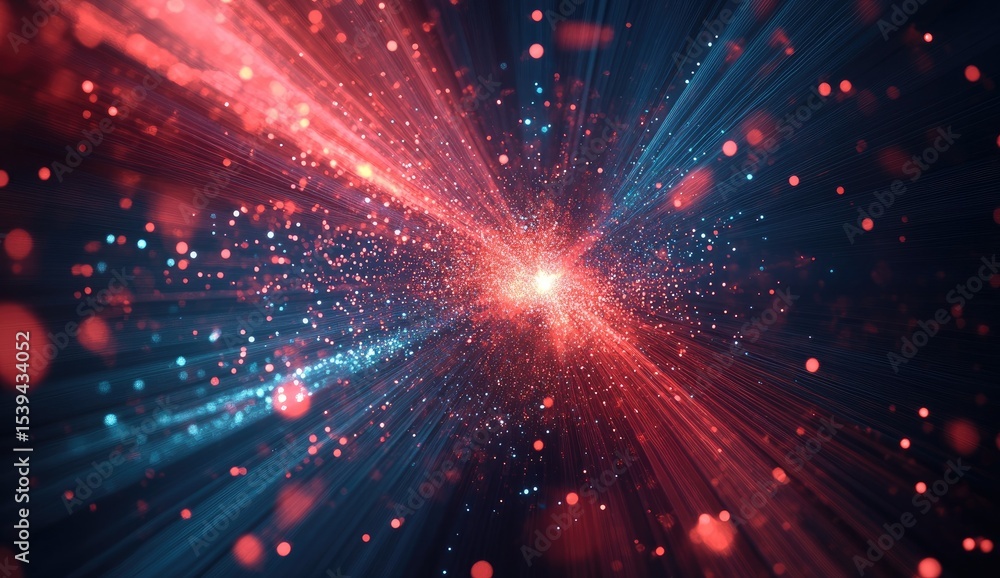 Abstract, vibrant burst of red and blue light radiating outward from a central point Abstract, vibrant burst of red and blue light radiating outward from a central point