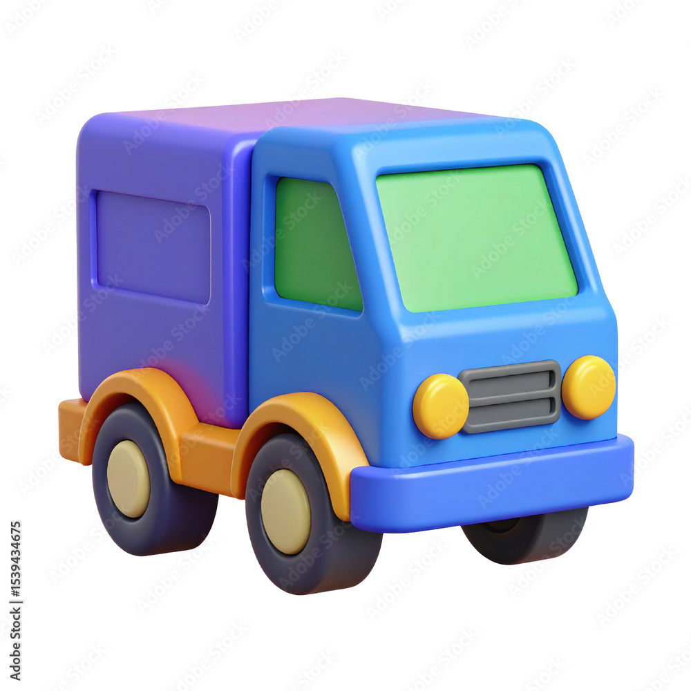 Obraz premium Colorful toy truck designed for children, featuring a vibrant blue and purple exterior with round wheels.