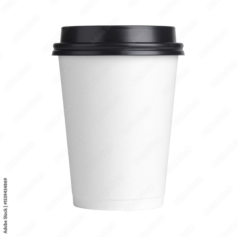 A plain white coffee cup with a black lid. A plain white coffee cup with a black lid.