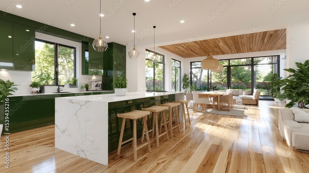 Naklejka premium Modern Kitchen Design Green Cabinets Marble Island Hardwood Floor