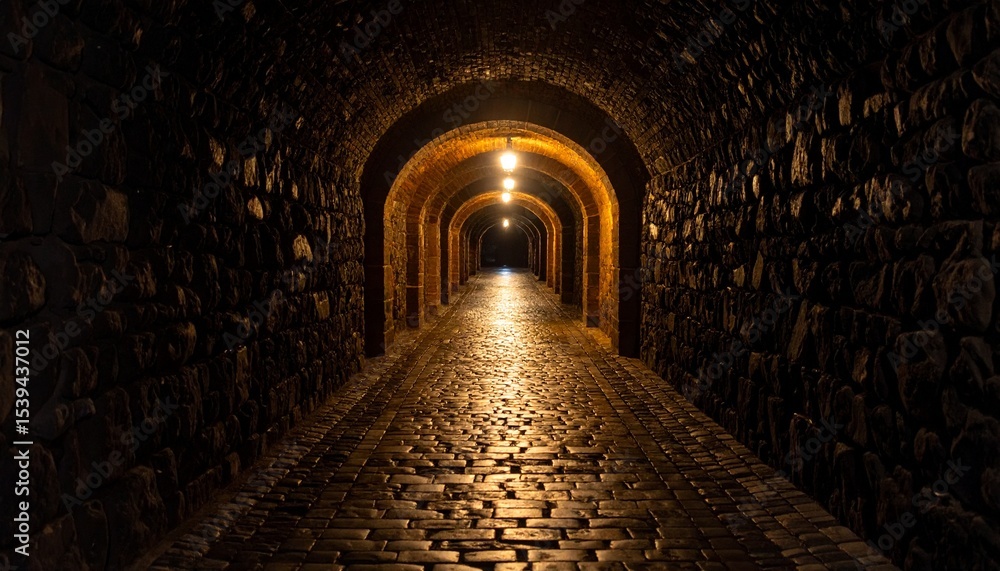 Fototapeta premium Mysterious Stone Tunnel Pathway Lit by Warm Lights.