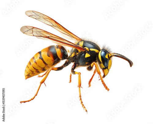 Closeup on a worker Asian hornet , Vespa veluatina an invasive species and threat to the European honeybee cultures isolated against a transparent background 