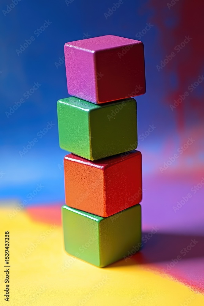 Obraz premium Colorful wooden blocks stacked vertically against a vibrant multicolored background