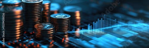 Stacks of dark coins with digital financial data overlay