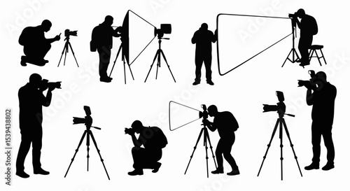 Diverse Photographers Capture Moments Professional Studio Shoot Silhouettes DSLR Cameras Tripods Lighting Equipment