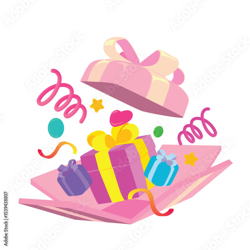 Cheerful flat vector of an open pink present box filled with mini gifts and confetti. Fun cartoon-style illustration for celebrations, holidays, parties, or gift-giving concepts and designs.