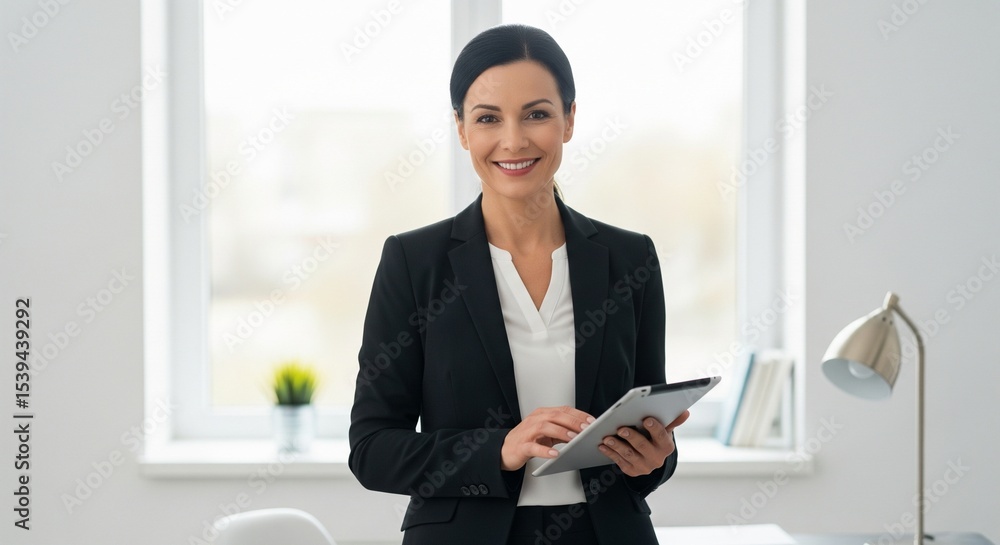 Smiling professional woman in black blazer holds a tablet in a bright modern office setting. Smiling professional woman in black blazer holds a tablet in a bright modern office setting.