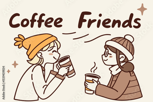 Doodle style friends enjoying coffee together