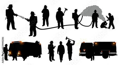 Firefighters Silhouettes Action Scene Emergency Responders Brave Fire Truck Extinguish