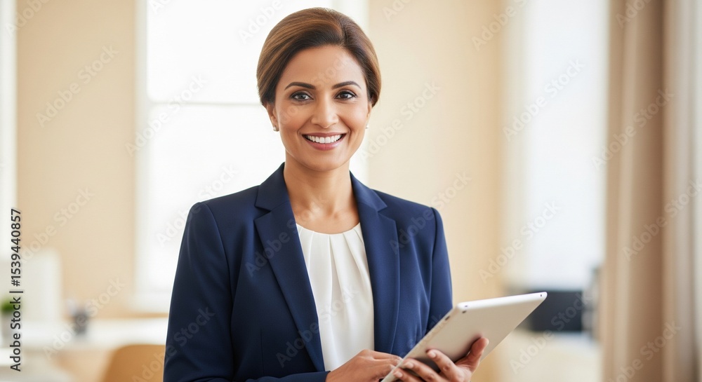 Confident businesswoman smiles while holding her tablet in a bright office setting. Confident businesswoman smiles while holding her tablet in a bright office setting.