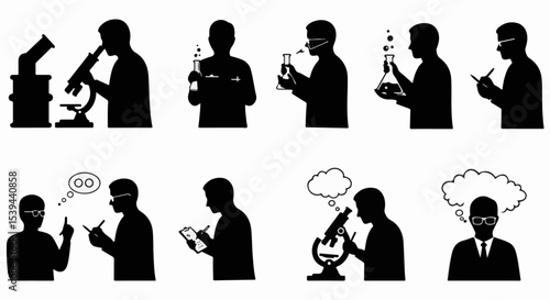 Scientists silhouettes explore research experiments using microscopes beakers lab equipment scientific discovery