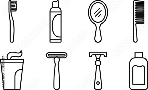 Black and white outline icons representing personal hygiene and grooming essentials for daily care