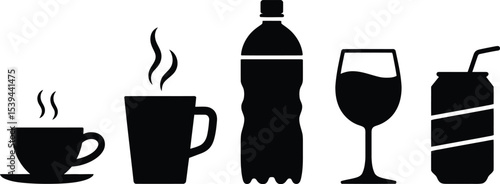 Silhouette collection of beverages including coffee, tea, water, wine and soda can in black color