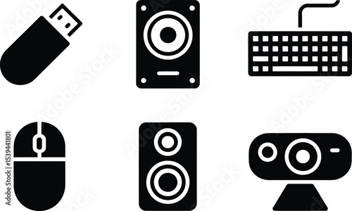 Vector illustration of computer peripherals featuring flash drive speakers keyboard mouse and webcam