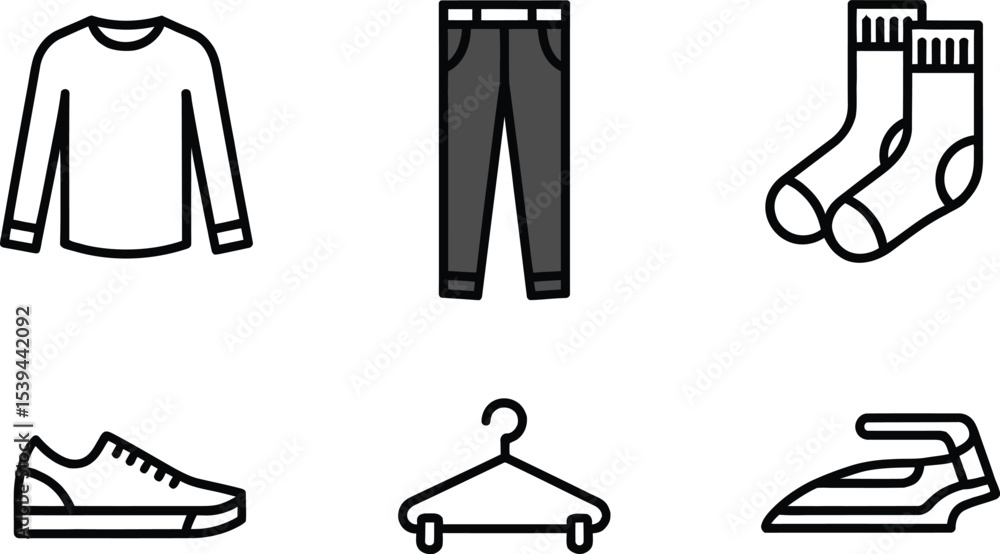 Fototapeta premium Simple black and white illustrated icons of clothing items for apparel and fashion related concepts