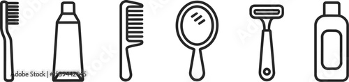 Minimalist black and white icons representing everyday grooming and personal hygiene essentials