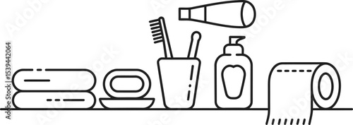 Minimalist bathroom essentials displayed on a shelf including toothbrush soap towels and toothpaste