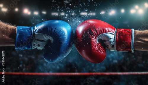 Boxing gloves clash in a ring, sparks fly