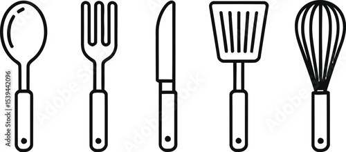 Simple black outline kitchen utensils spoon fork knife spatula and whisk for cooking and baking