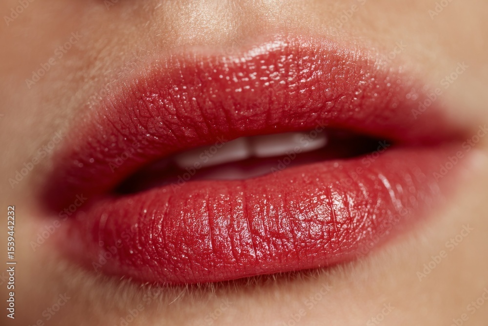 Close-up of Plump Lips Adorned with Glossy Red Lipstick Showing White Teeth Close-up of Plump Lips Adorned with Glossy Red Lipstick Showing White Teeth