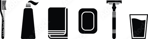 Simple black and white bathroom essentials illustration toothbrush toothpaste towel soap razor water glass