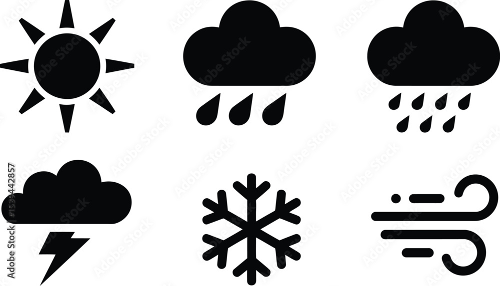 Simple weather icons representing sunny rainy cloudy snowy stormy and windy conditions in a flat design Simple weather icons representing sunny rainy cloudy snowy stormy and windy conditions in a flat design