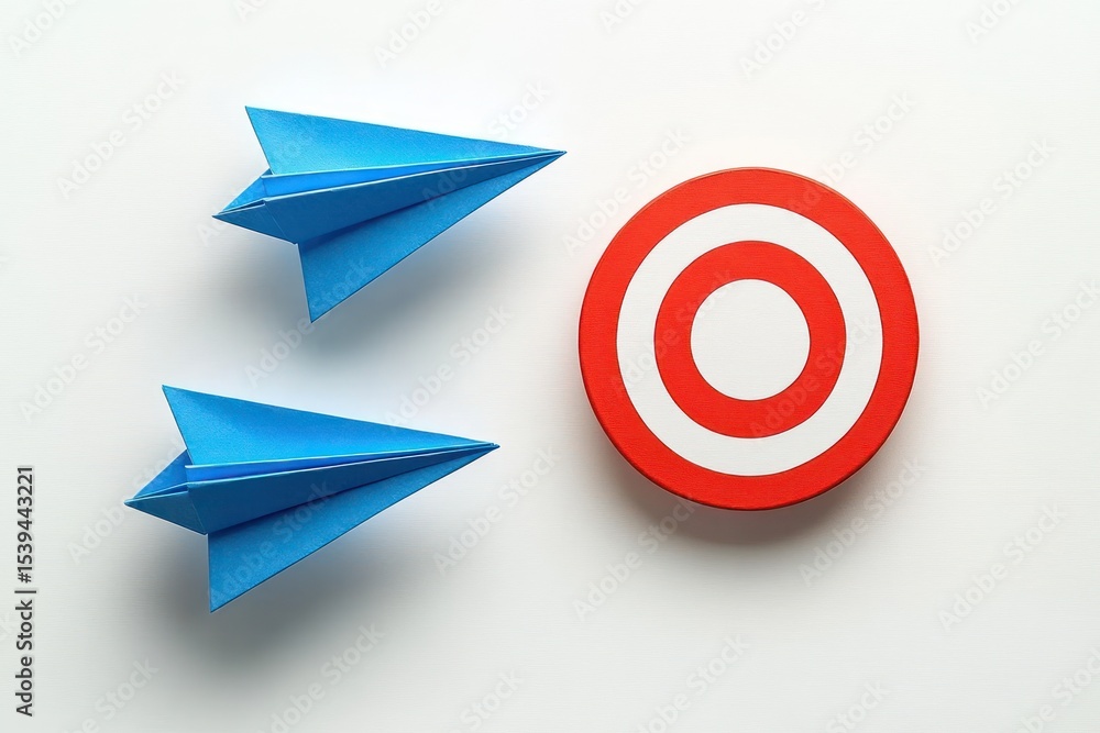 Two blue paper airplanes flying towards a red and white circular target on a white background symbolizing focus and goal achievement Two blue paper airplanes flying towards a red and white circular target on a white background symbolizing focus and goal achievement