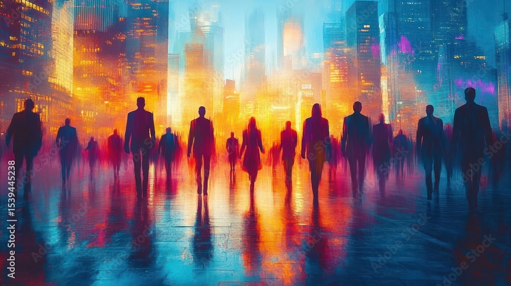 Naklejka premium Silhouetted figures walking through a vibrant cityscape with tall illuminated buildings and colorful reflections on wet pavement evoking a sense of motion and energy