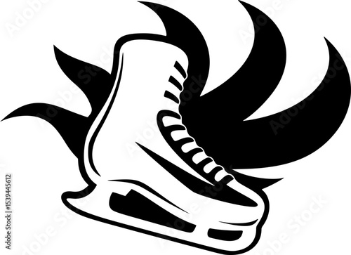 Black and White Ice Skate Vector. Dynamic Swirl SVG Stylized Design. Winter SPorts Ice Figure Skating Equipment