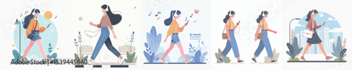 vector of woman walking and wearing headphones