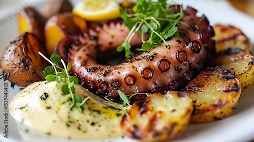 Beautifully plated grilled octopus dish with citrus aioli microgreens and roasted potatoes