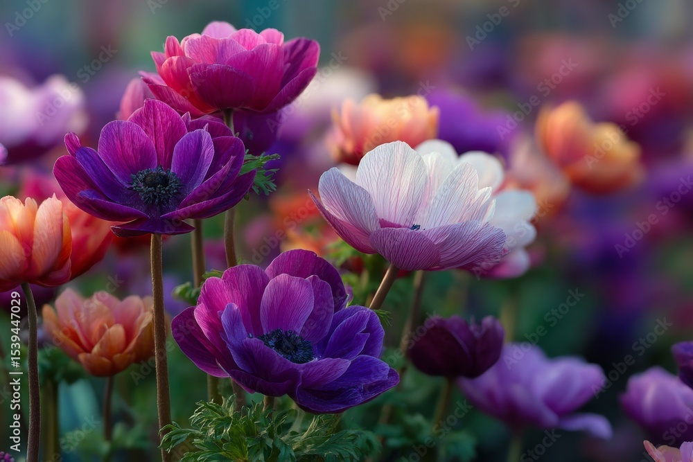 Obraz premium Vibrant Anemone Flowerbed Showing Purple, Pink, and White Blossoms