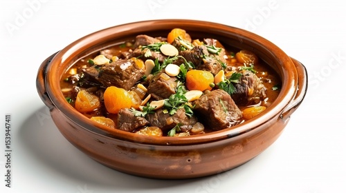Beautifully presented Moroccan tagine with tender lamb dried apricots and almonds plated against a pure white backdrop