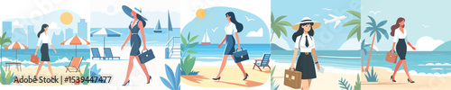 vector secretary girl walking on the beach