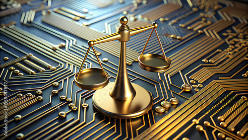 Golden balance scales placed on a futuristic circuit board, symbolizing digital law, cybersecurity regulation, and technology ethics in the modern era.
