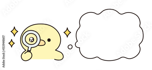 虫眼鏡を覗いて目を輝かせる可愛いひよこと吹き出しのイラスト