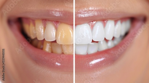 Before and after comparison of teeth whitening with one side stained and the other perfectly white simple clean background