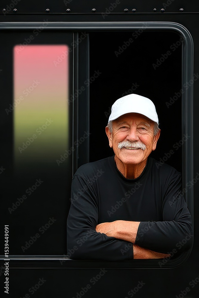 Smiling Senior Man in White Cap Leaning Out Truck Window Smiling Senior Man in White Cap Leaning Out Truck Window