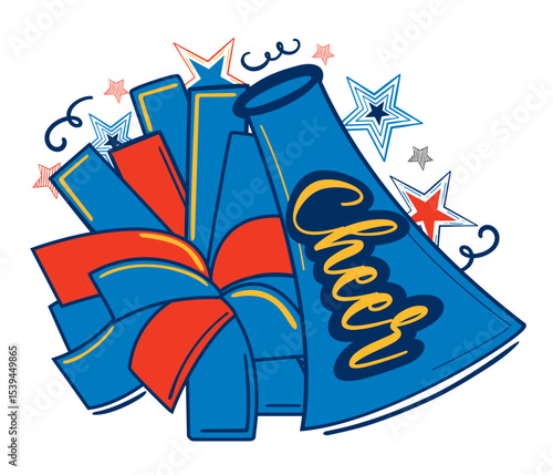 Cheerleading illustration, Blue and Orange pom-poms, and cheerleader megaphone. Vector cheerleading illustration.