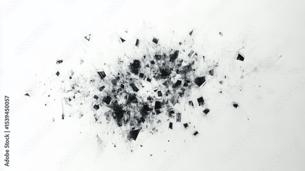 Abstract composition of scattered black geometric shapes and fragmented pieces on a white background conveying motion and chaos Abstract composition of scattered black geometric shapes and fragmented pieces on a white background conveying motion and chaos