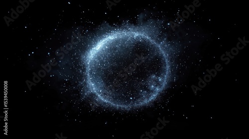 Glowing blue circular formation of fine particles or dust floating in dark space, creating a mystical and cosmic atmosphere