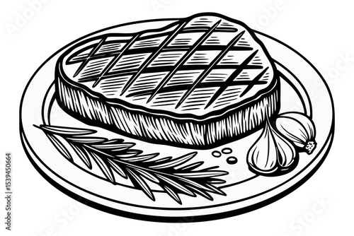 Grilled steak on a plate with rosemary garlic and spices illustration