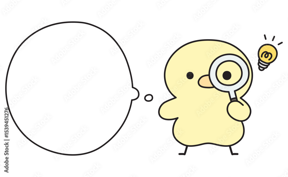 Obraz premium 虫眼鏡を覗いて何かを閃く可愛いひよこと吹き出しのイラスト