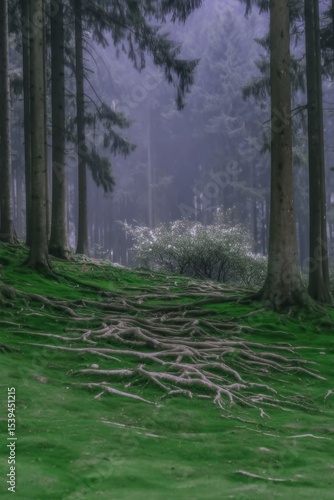 Misty forest floor with exposed roots