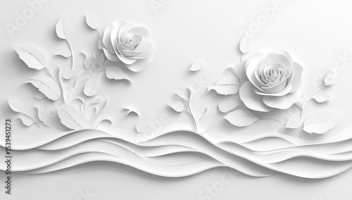 White paper roses and leaves on wavy background (1)
