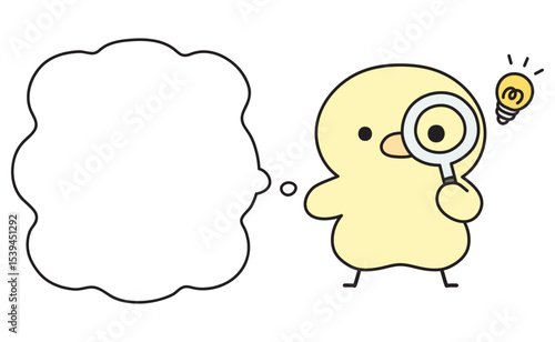 虫眼鏡を覗いて何かを閃く可愛いひよこと吹き出しのイラスト