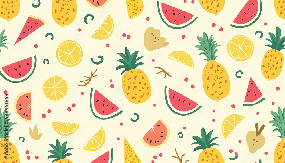 Seamless Fruit Pattern with Pineapple Watermelon Lemon Slice Design Seamless Fruit Pattern with Pineapple Watermelon Lemon Slice Design