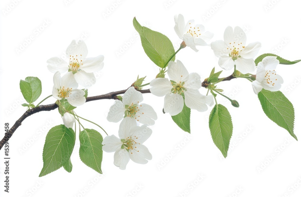 Obraz premium Close-up of a flowering branch with delicate blossoms and leaves